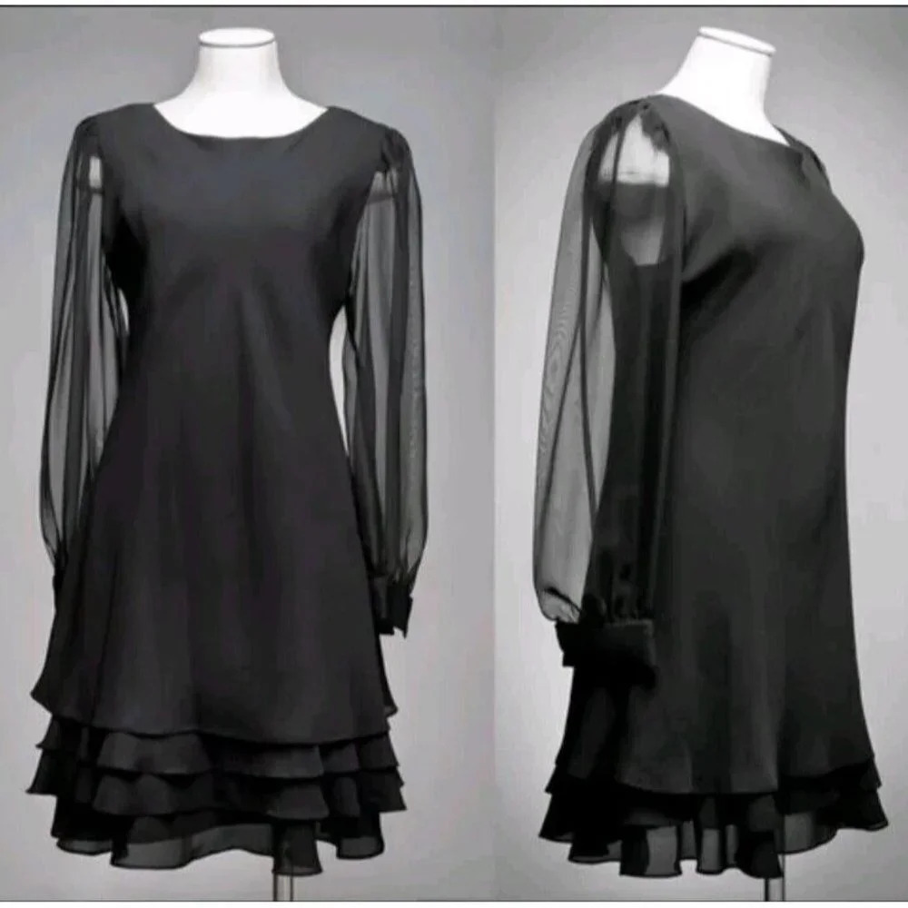 Vintage 90s Hampton Nites 8 Black Tiered Layered Hem Long Illusion Mesh Sleeve